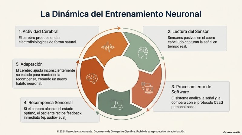 Infografía: las 5 fases del entrenamiento neuronal — actividad cerebral, lectura del sensor, procesamiento, recompensa sensorial y adaptación