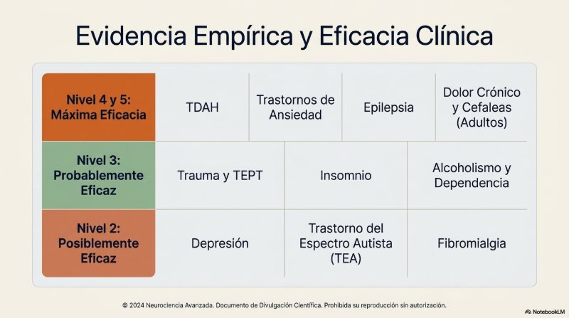 Tabla de evidencia empírica y eficacia clínica del Neurofeedback: Nivel 4-5 máxima eficacia para TDAH, ansiedad, epilepsia, dolor crónico; Nivel 3 probablemente eficaz para trauma, insomnio, alcoholismo; Nivel 2 posiblemente eficaz para depresión, TEA, fibromialgia