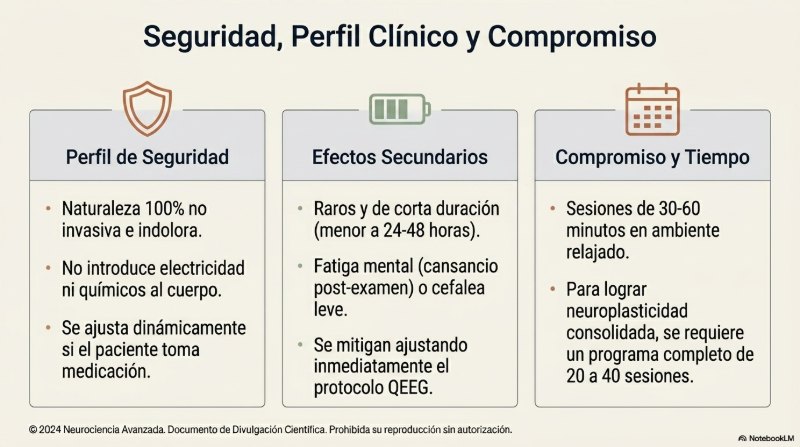 Resumen: Perfil de seguridad (100% no invasivo, sin electricidad ni químicos, dinámico con medicación); Efectos secundarios (raros, menos de 24-48 horas, fatiga mental o cefalea leve, mitigables ajustando protocolo); Compromiso y tiempo (sesiones de 30-60 min en ambiente relajado, programa completo 20-40 sesiones)